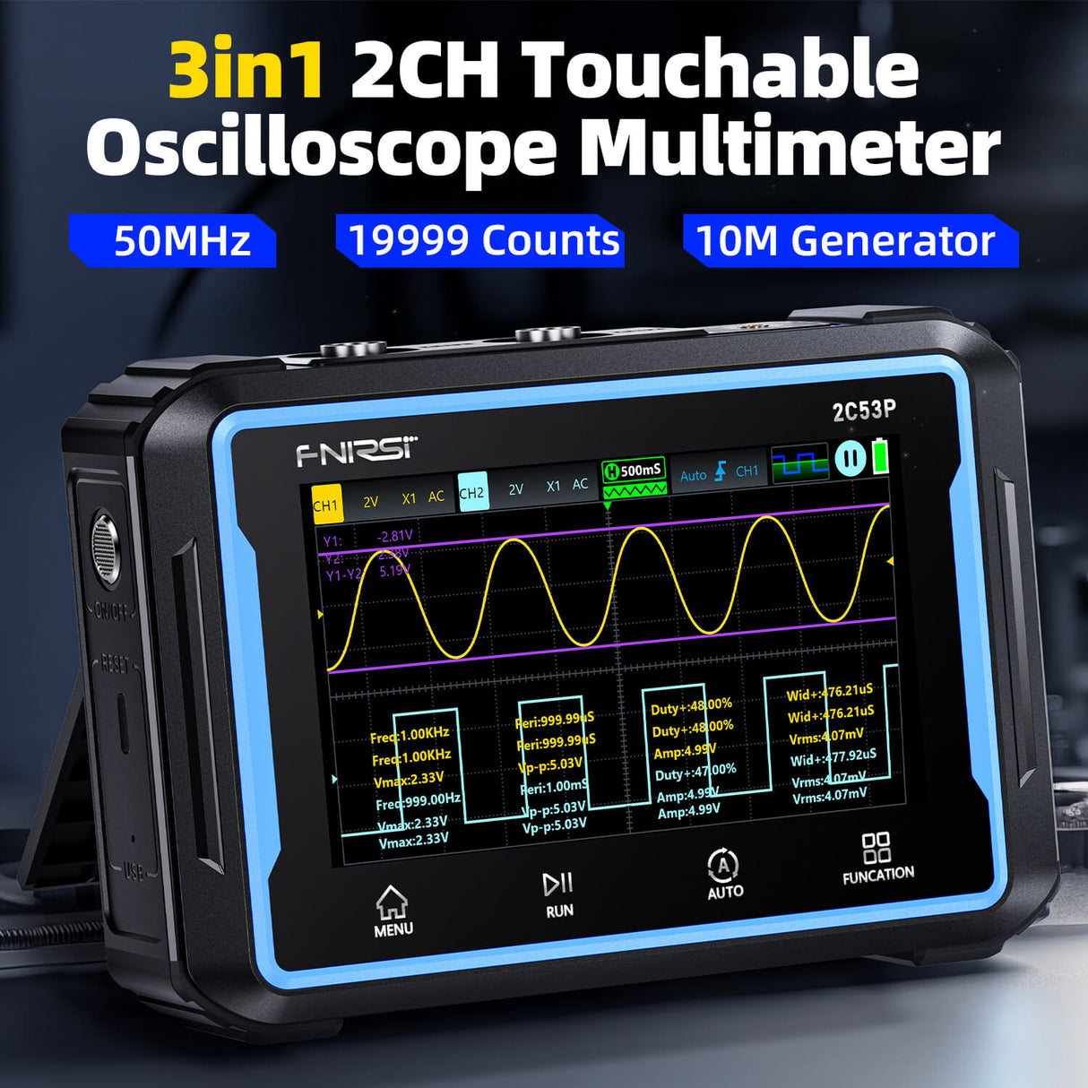 FNIRSI 2C53P Dual Channel Tablet 3-in-1 Oscilloscope & Multimeter & DDS Signal Generator