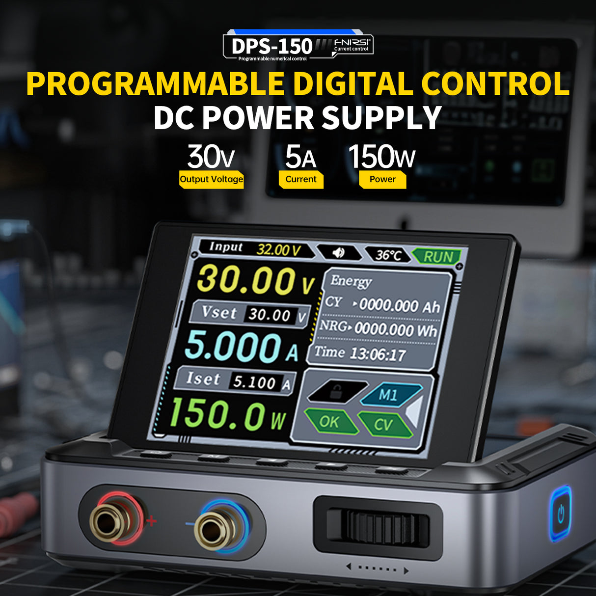FNIRSI DPS-150 Programmable DC Power Supply (0–30V, 5A, 150W) with EU Charger