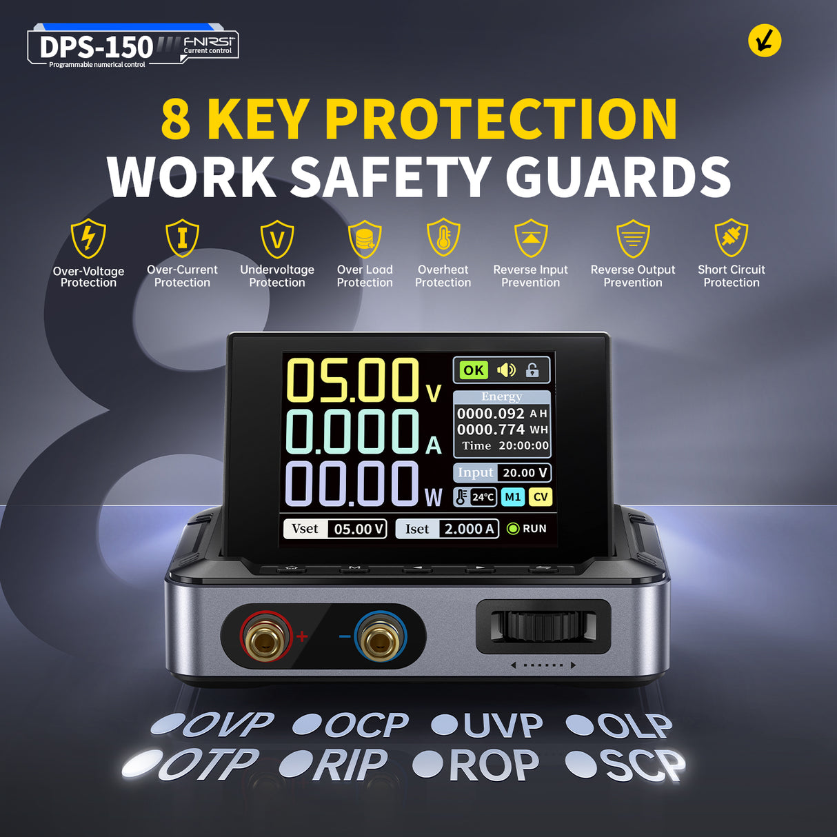 FNIRSI DPS-150 Programmable DC Power Supply (0–30V, 5A, 150W) with EU Charger