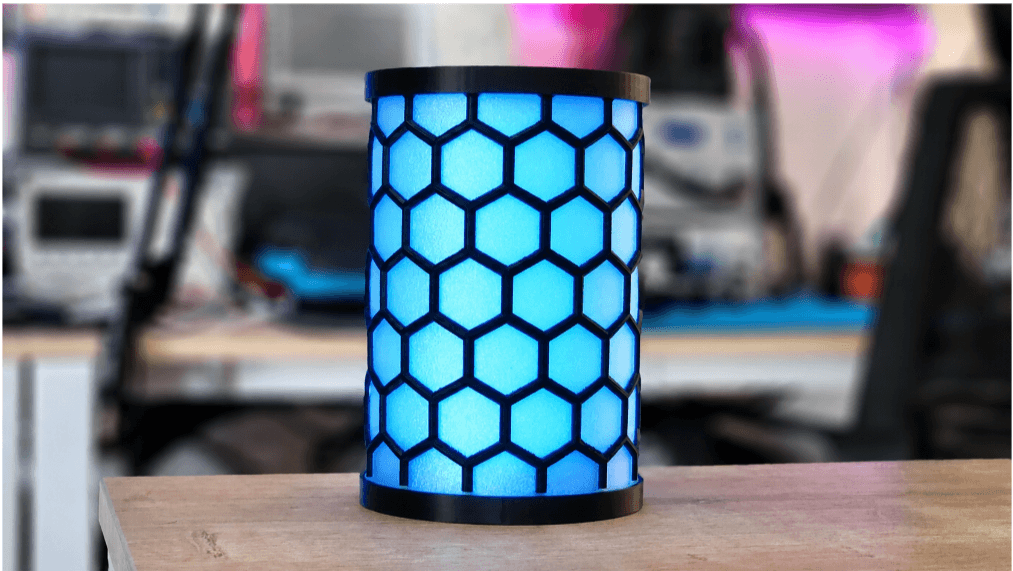 The finished MagicMotion DIY Mood Lamp, featuring a 3D-printed outer shell, internal NeoPixel lighting, and motion-based control using an MPU6050 sensor.