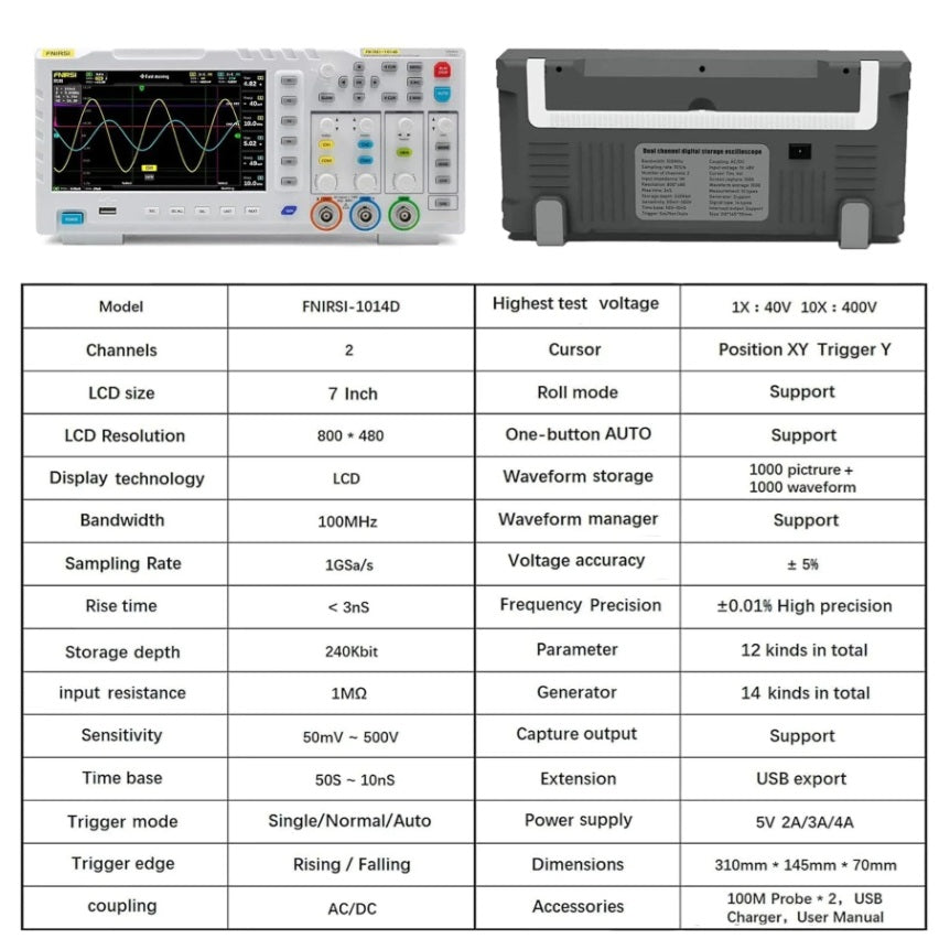 FNIRSI 1014D 2-IN-1 Dual Channel 100MHz 1GS/s Digital Oscilloscope & Signal Generator