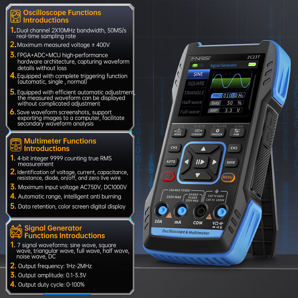 FNIRSI 2C23T Handheld Dual Channel 3-in-1 Oscilloscope & Multimeter & DDS Signal Generator