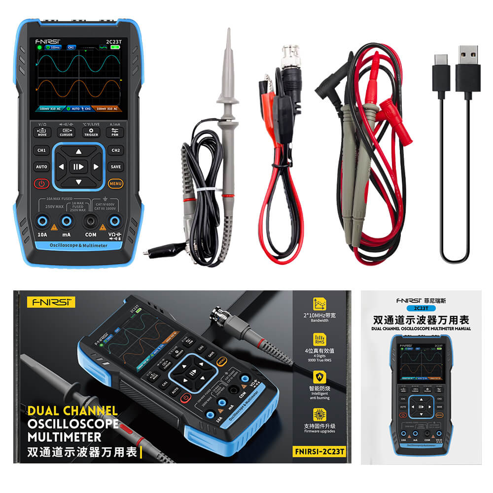 FNIRSI 2C23T Handheld Dual Channel 3-in-1 Oscilloscope & Multimeter & DDS Signal Generator