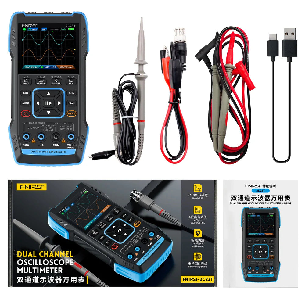 FNIRSI 2C23T Handheld Dual Channel 3-in-1 Oscilloscope + Digital Multimeter + DDS Function Generator