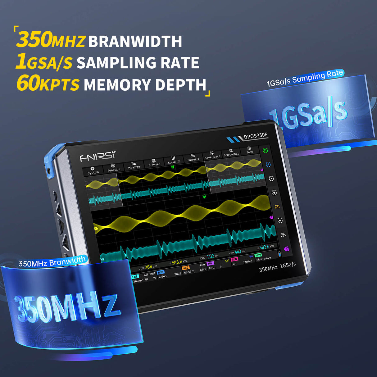 FNIRSI DPOS350P 4-in-1 Multifunction Tablet Oscilloscope - Signal Generator - Spectrum & Frequency Response Analyzer (350MHz/1GSPS)