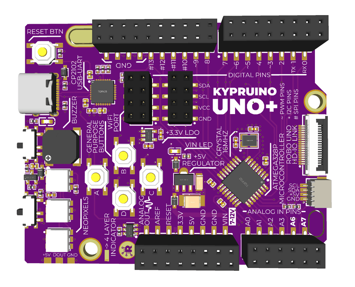 Kypruino UNO+ v0.8.1 (Arduino UNO R3 Compatible) – USB-C, 4-Layer PCB, 12-bit DAC, RGB, Buttons, Buzzer, I2C Plug-&-Play **Preorder**