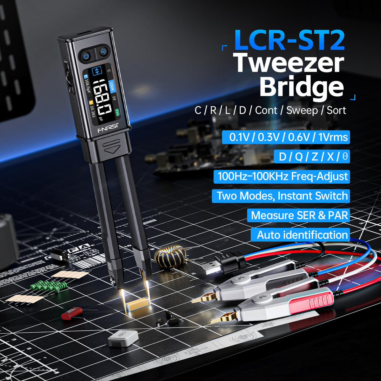 FNIRSI LCR-ST2 Plus LCR & ESR Meter 2-in-1 Digital Tweezers Bridge